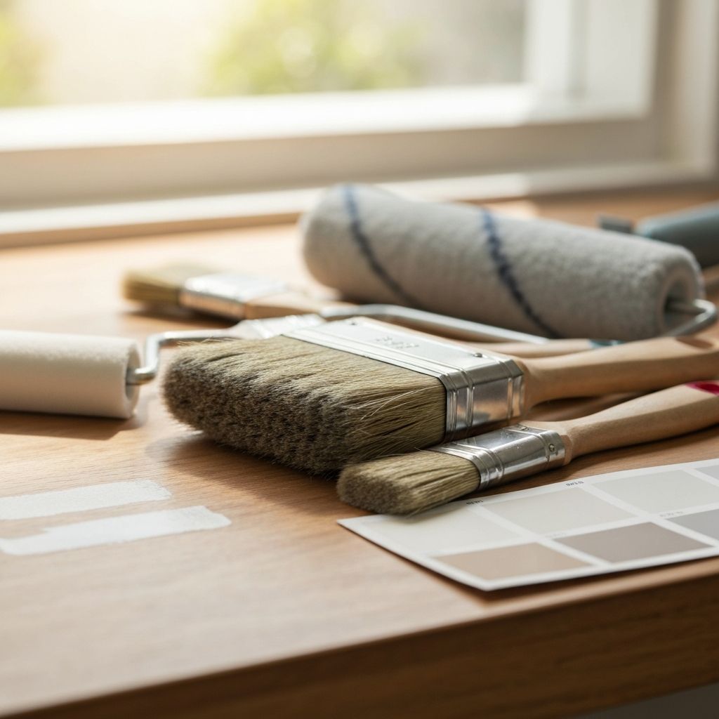 Professional painting tools including brushes, rollers, and colour swatches