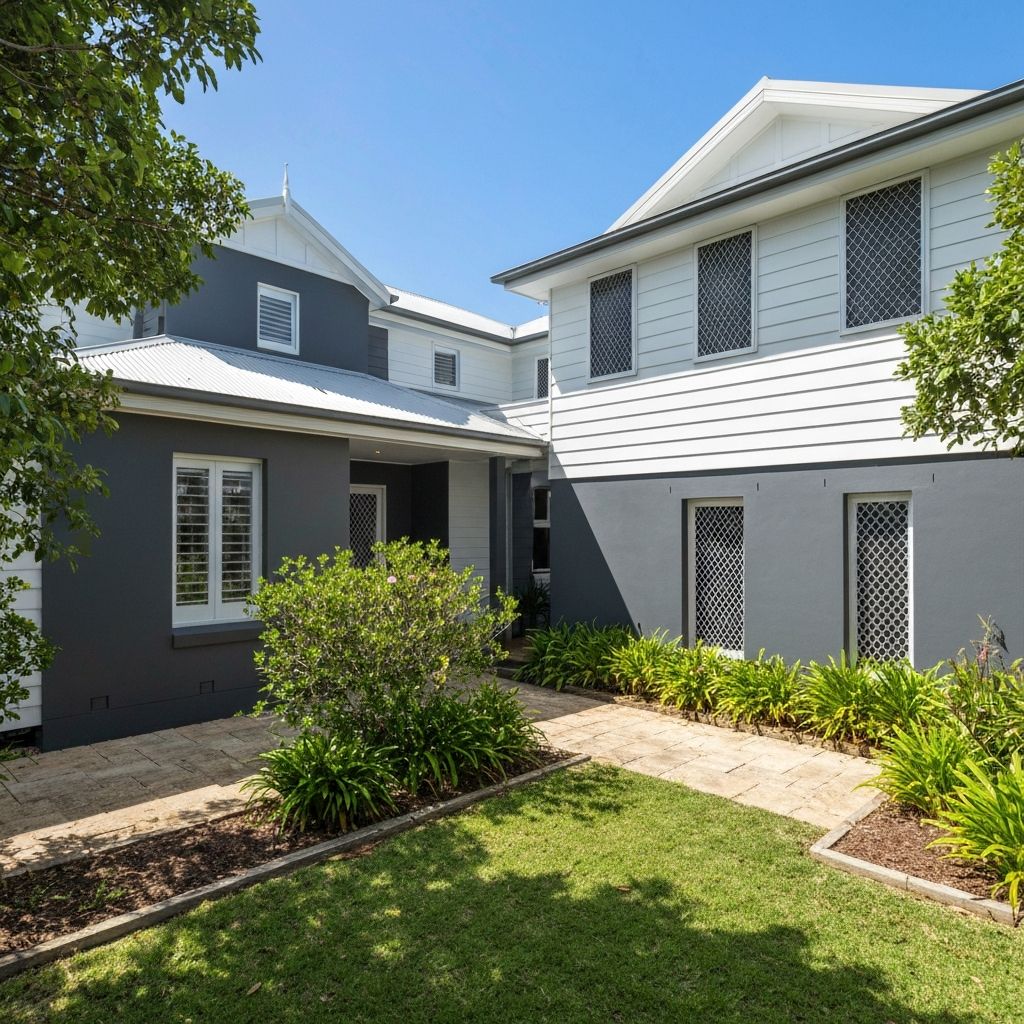 Australian home exterior with crisp white and charcoal grey paint in Northern NSW