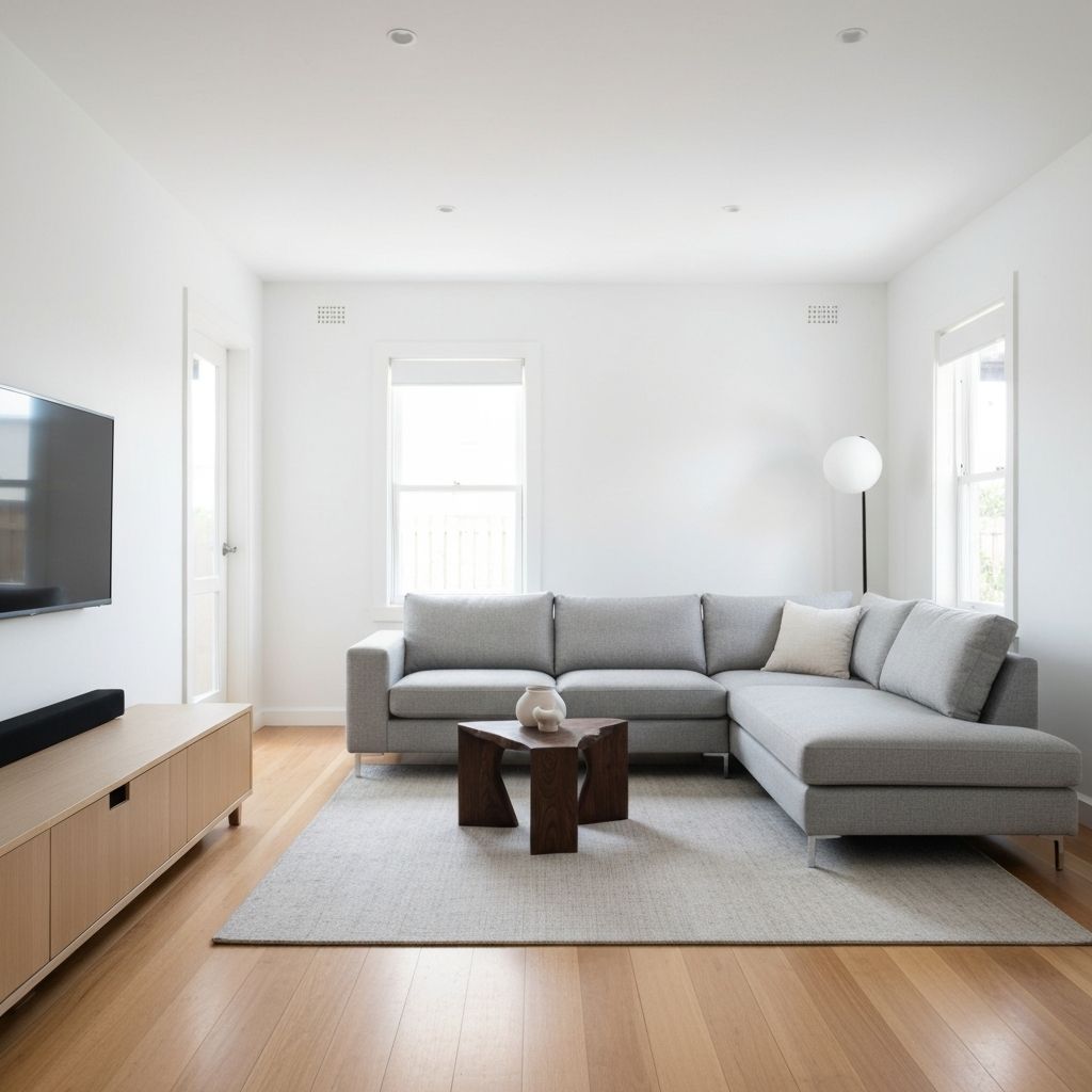 Freshly painted modern living room interior with white walls and warm timber floors